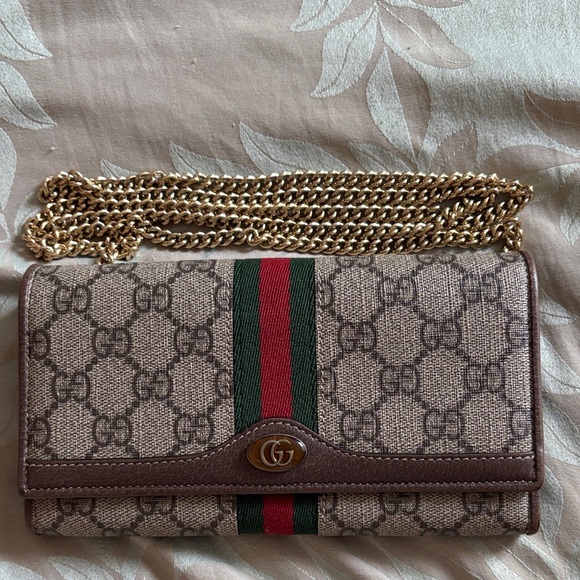 Gucci Handbags - Gucci Beige and Brown Clutch with Gold Chain